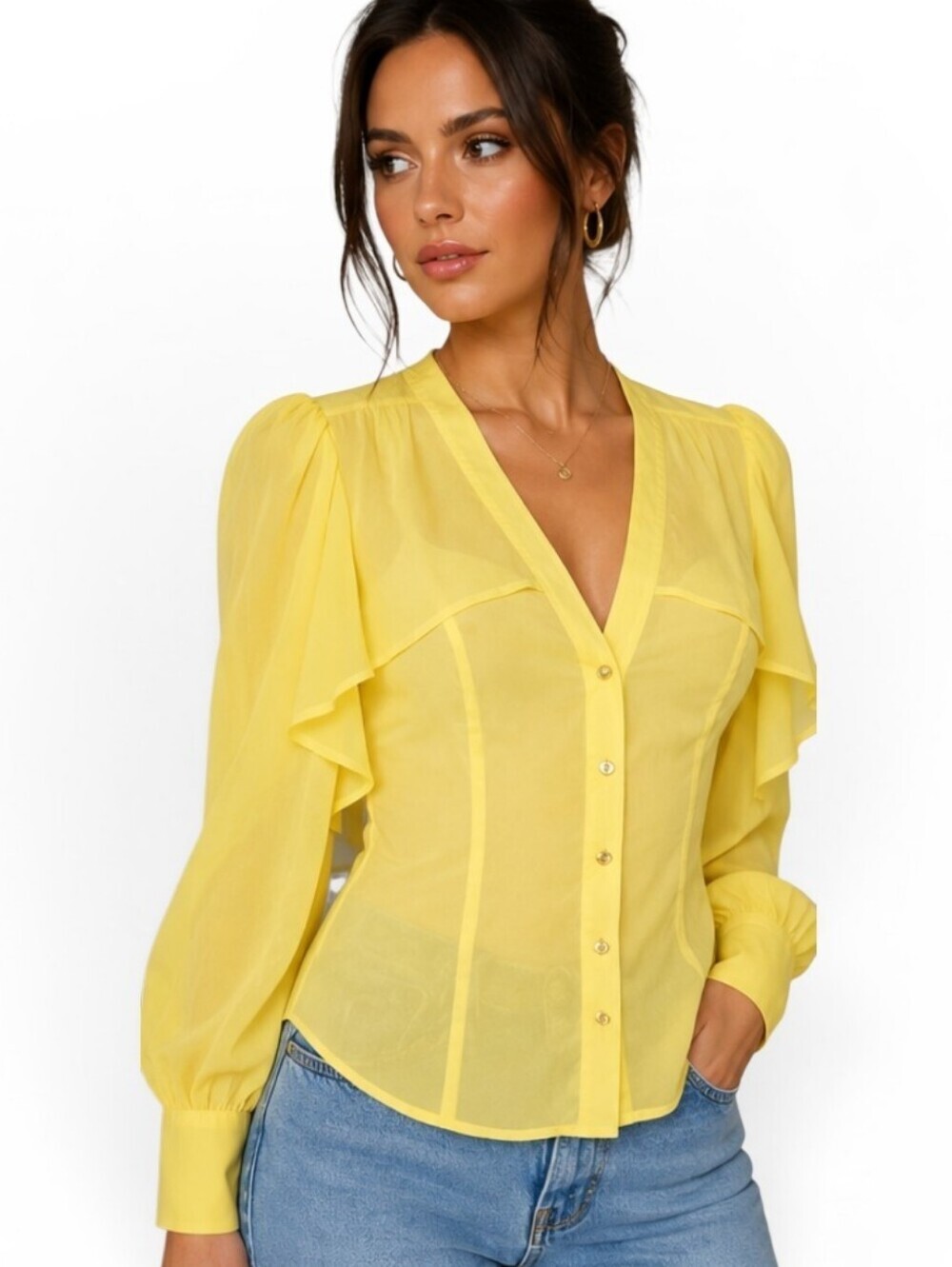 Bebe Yellow Silk Blend Sheer Puff Sleeve Blouse Top Small